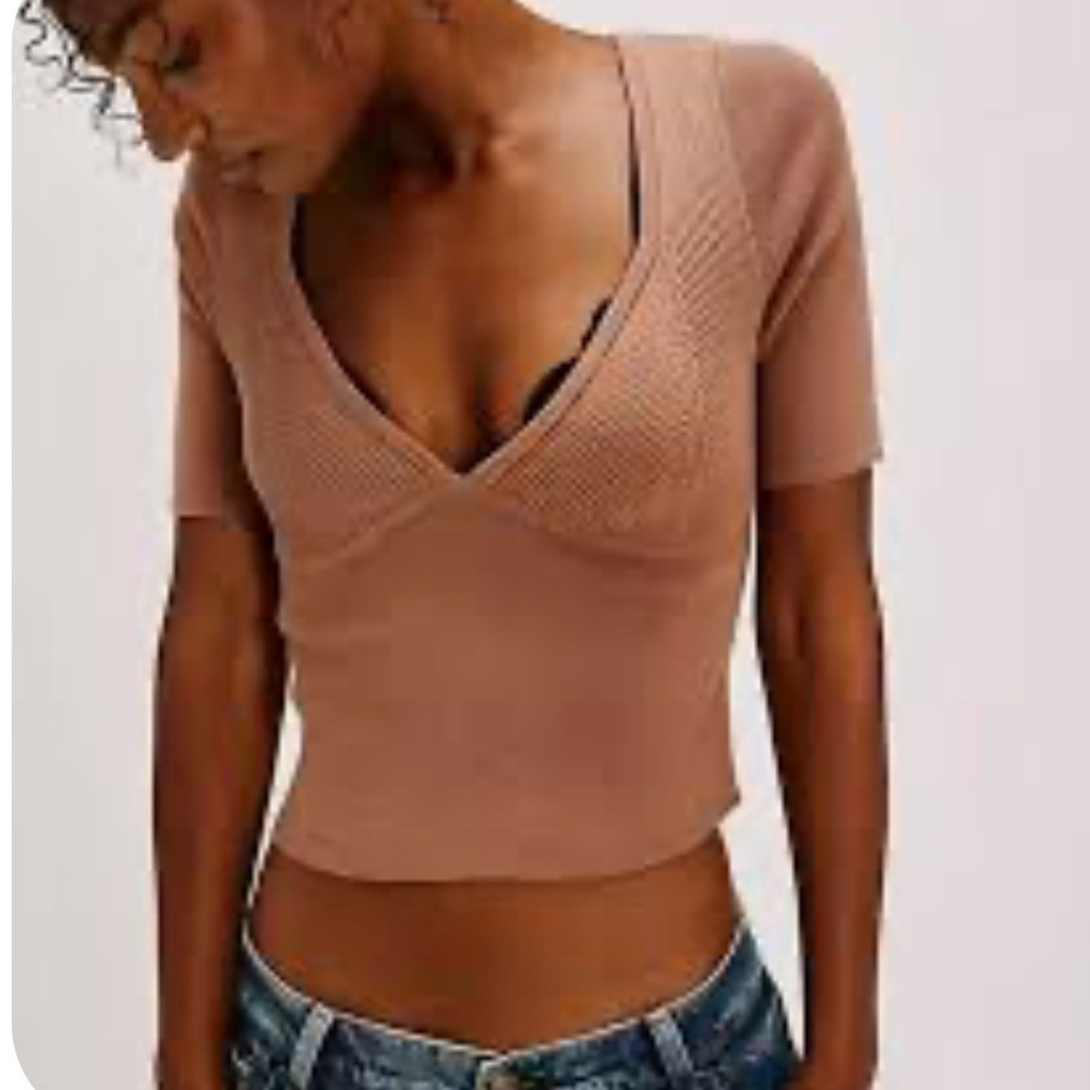 Free People L Intimately Short Sleeve Sweetheart Soft Knit Crop Top brown fall